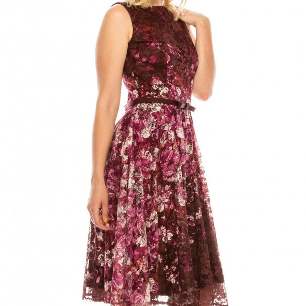 Gabby Skye Womens Burgundy Floral Sleeveless Daytime Fit & Flare Dress NEW